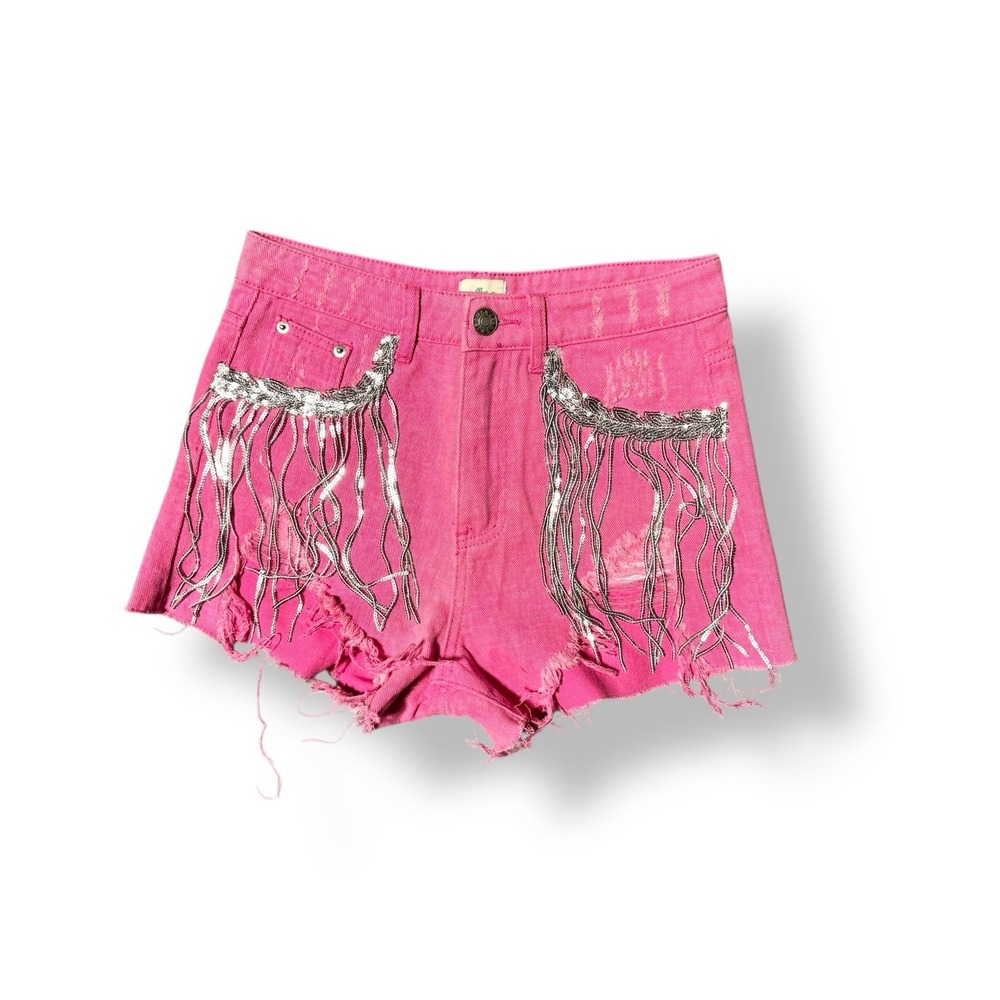 Blue Buttercup Hot Pink‎ Fringe Frayed Denim Shorts  Rhinestone Sequin Small NWT